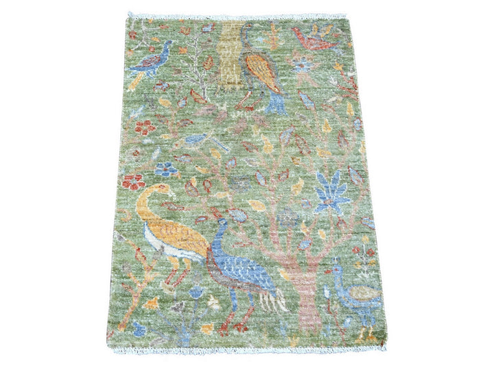 2'1" x 2'11" New Hand Knotted Green Wool Rectangle Oriental Rug - MOA10221097