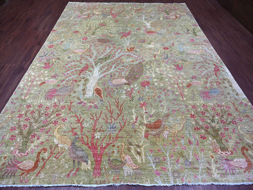 8'10" x 11'11" New Hand Knotted Green Wool Rectangle Oriental Rug - MOA10221102