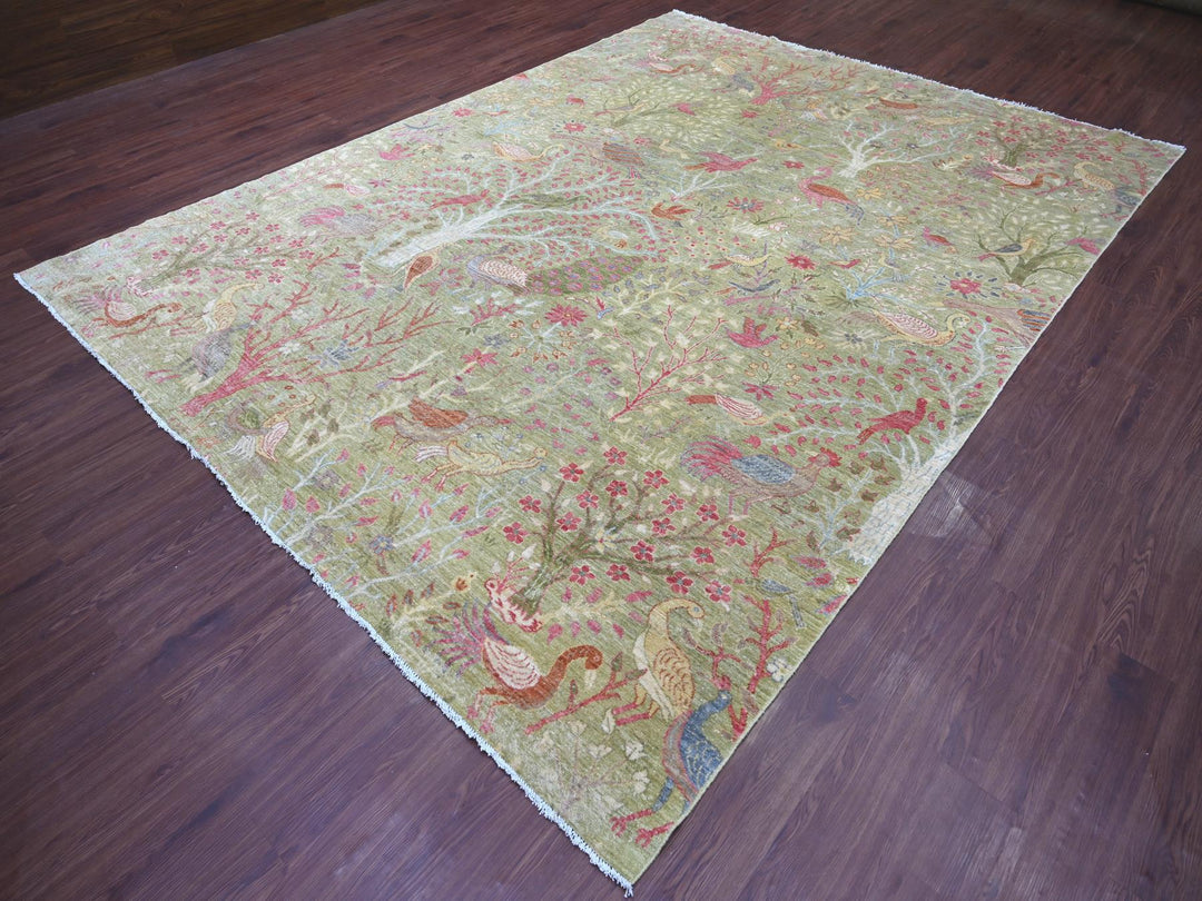 8'10" x 11'11" New Hand Knotted Green Wool Rectangle Oriental Rug - MOA10221102