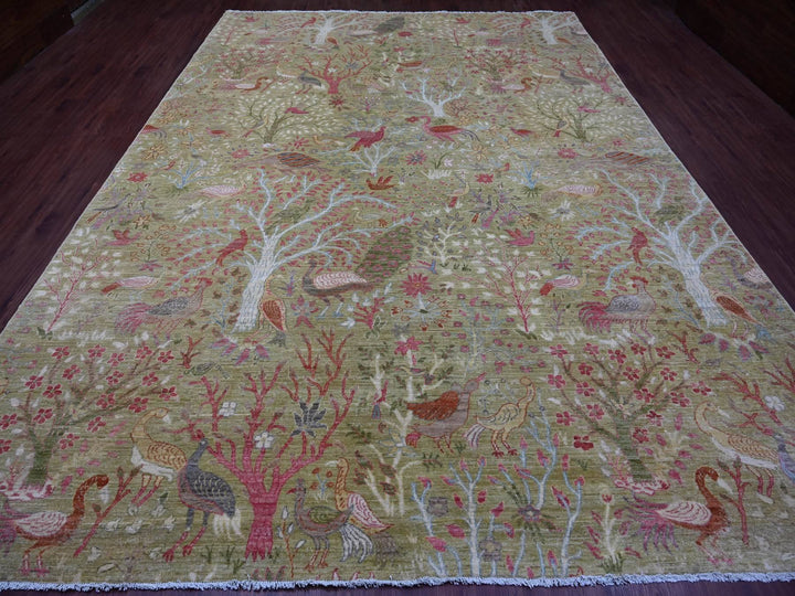 9'9" x 13'10" New Hand Knotted Green Wool Rectangle Oriental Rug - MOA10221104