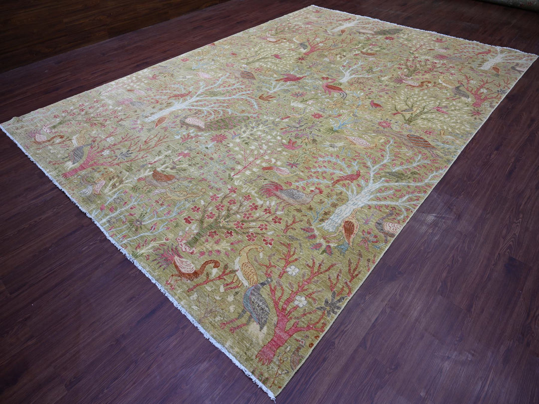 9'9" x 13'10" New Hand Knotted Green Wool Rectangle Oriental Rug - MOA10221104