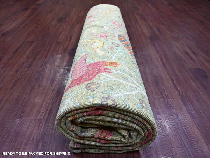 9'9" x 13'10" New Hand Knotted Green Wool Rectangle Oriental Rug - MOA10221104