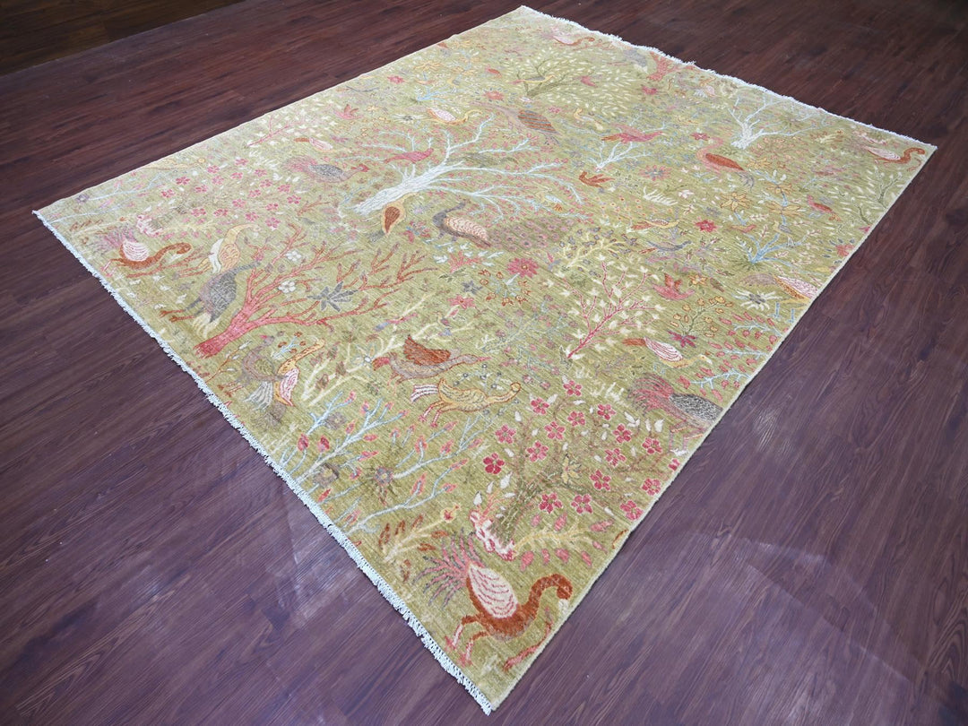 8'2" x 9'9" New Hand Knotted Green Wool Rectangle Oriental Rug - MOA10221108