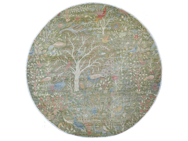7'11" x 8'0" New Hand Knotted Green Wool Round Oriental Rug - MOA10221109