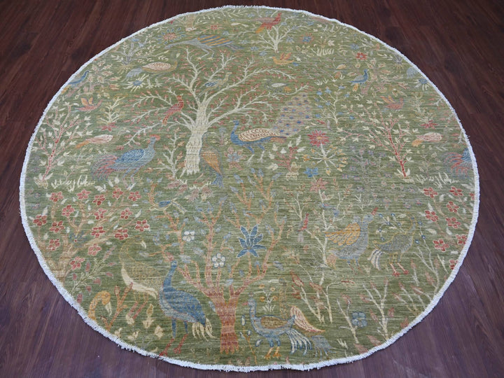 7'11" x 8'0" New Hand Knotted Green Wool Round Oriental Rug - MOA10221109