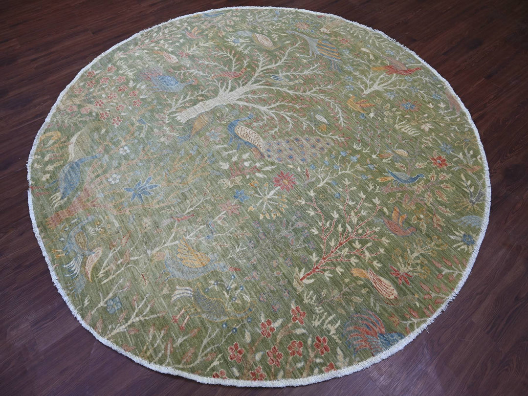 7'11" x 8'0" New Hand Knotted Green Wool Round Oriental Rug - MOA10221109