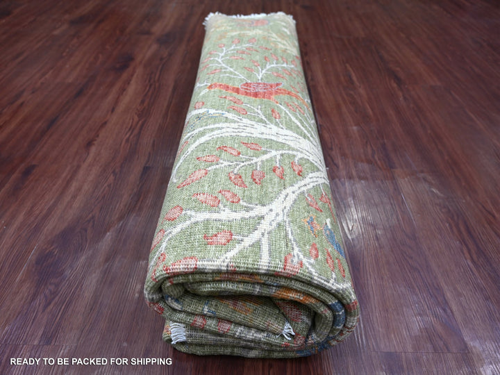 7'11" x 8'0" New Hand Knotted Green Wool Round Oriental Rug - MOA10221109