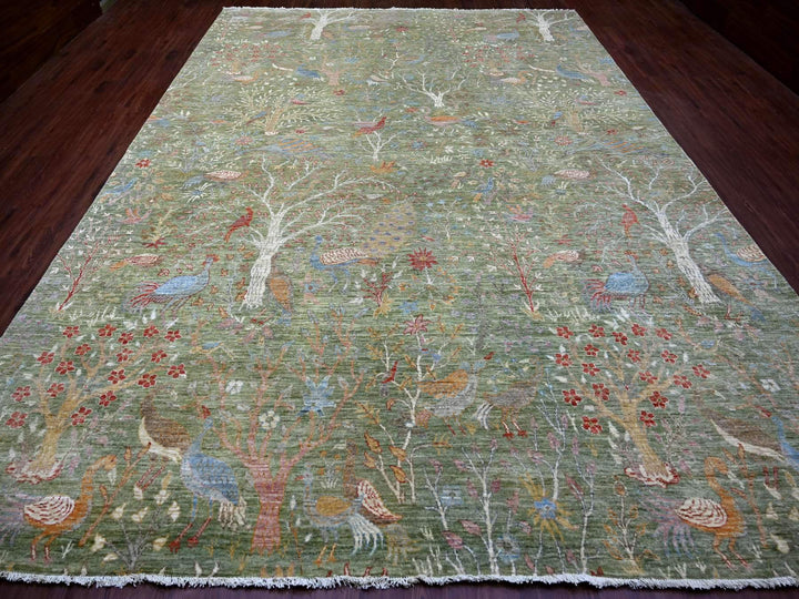 9'10" x 13'11" New Hand Knotted Green Wool Rectangle Oriental Rug - MOA10221110