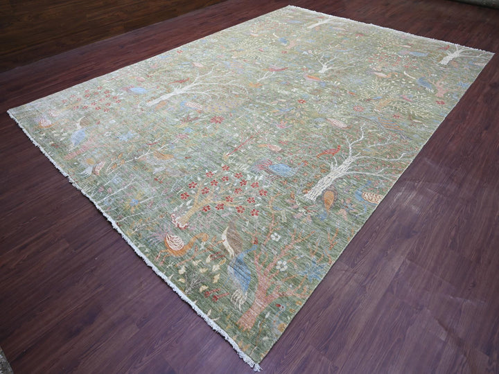 9'10" x 13'11" New Hand Knotted Green Wool Rectangle Oriental Rug - MOA10221110