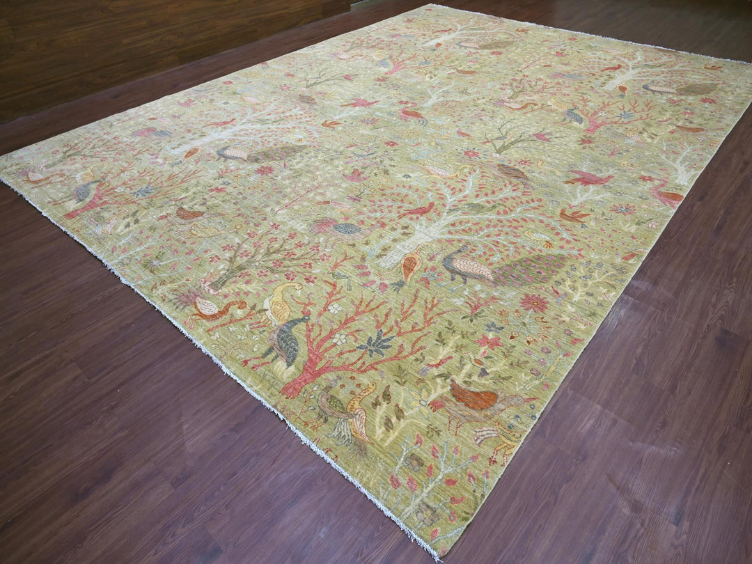 11'11" x 15'8" New Hand Knotted Green Wool Rectangle Oriental Rug - MOA10221193