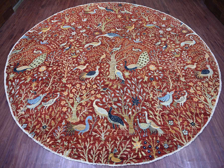 12'1" x 12'2" New Hand Knotted Red Wool Round Oriental Rug - MOA10221199