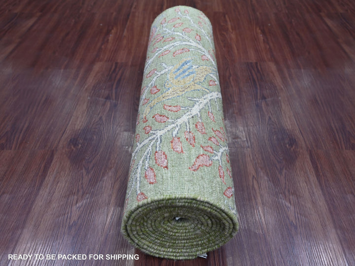 2'6" x 14'11" New Hand Knotted Green Wool Runner Oriental Rug - MOA10221201