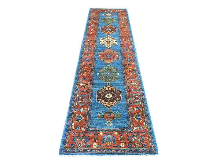 2'9" x 10'2" New Hand Knotted Blue Wool Runner Oriental Rug - MOA10221273