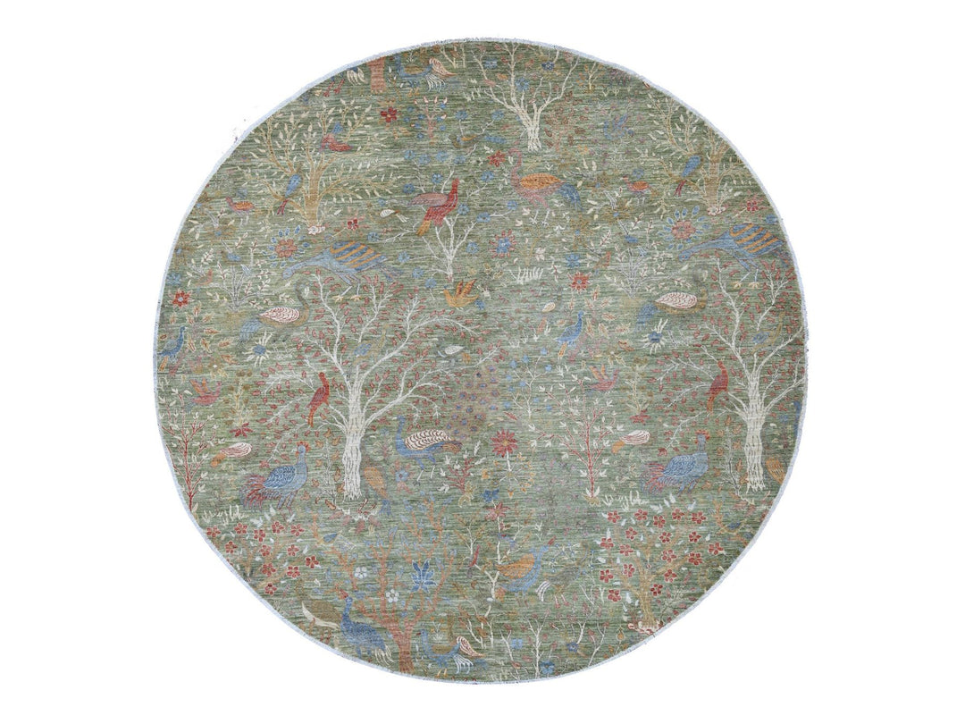 9'10" x 10'0" New Hand Knotted Green Wool Round Oriental Rug - MOA10221304