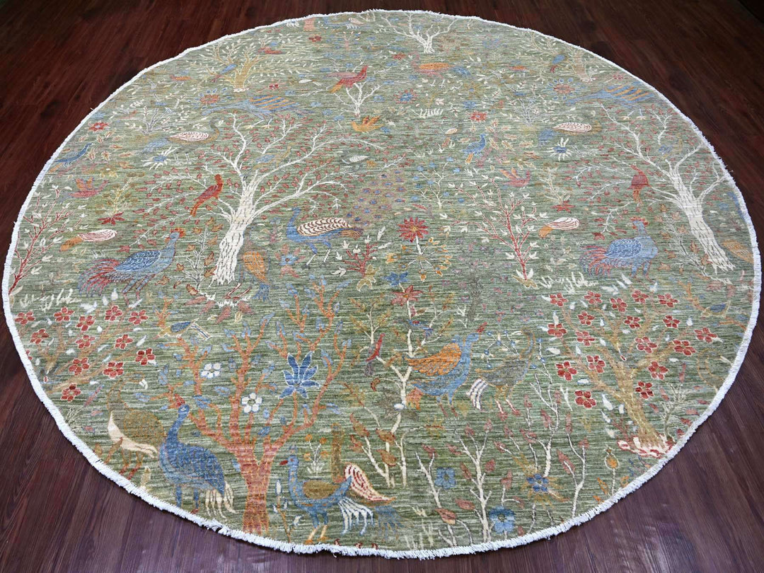 9'10" x 10'0" New Hand Knotted Green Wool Round Oriental Rug - MOA10221304