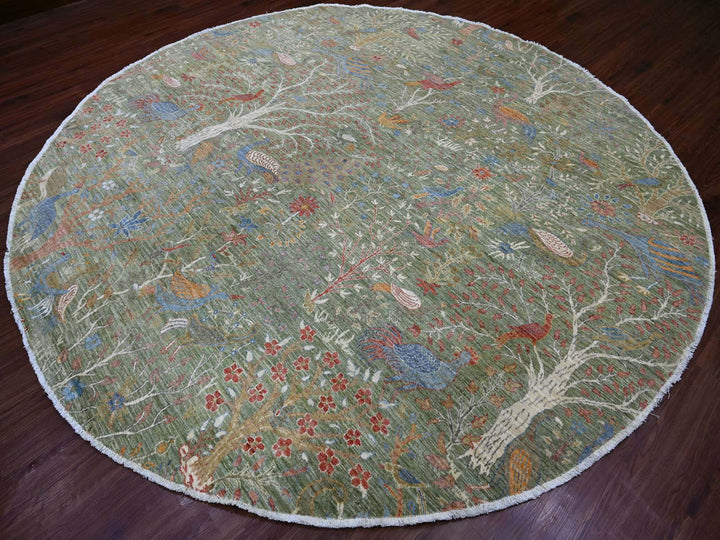 9'10" x 10'0" New Hand Knotted Green Wool Round Oriental Rug - MOA10221304