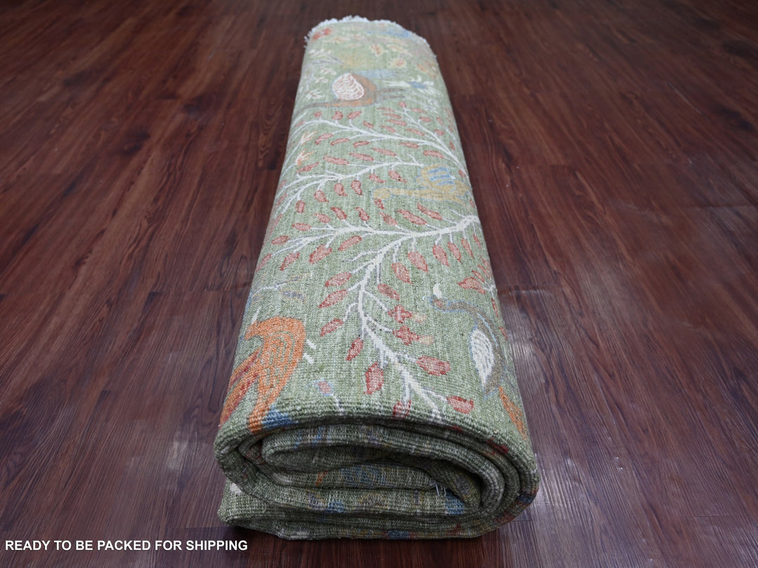 9'10" x 10'0" New Hand Knotted Green Wool Round Oriental Rug - MOA10221304