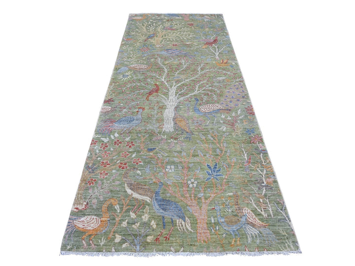 4'1" x 10'1" New Hand Knotted Green Wool Runner Oriental Rug - MOA10221307