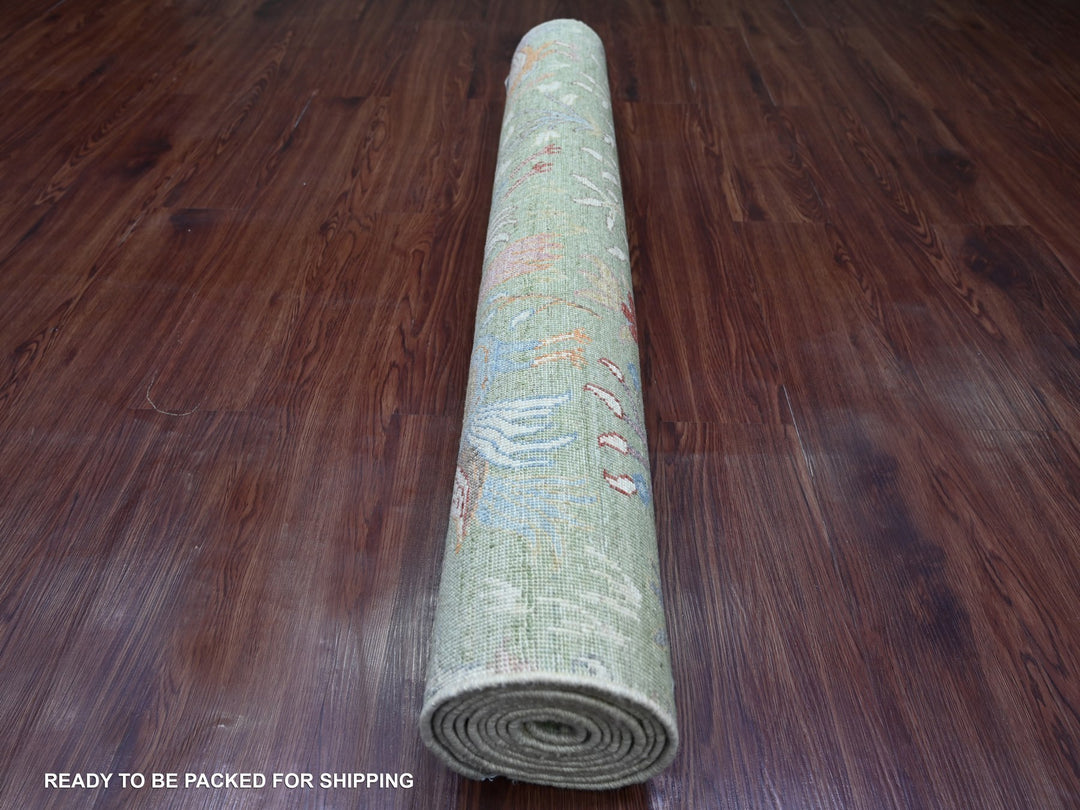 4'1" x 10'1" New Hand Knotted Green Wool Runner Oriental Rug - MOA10221307