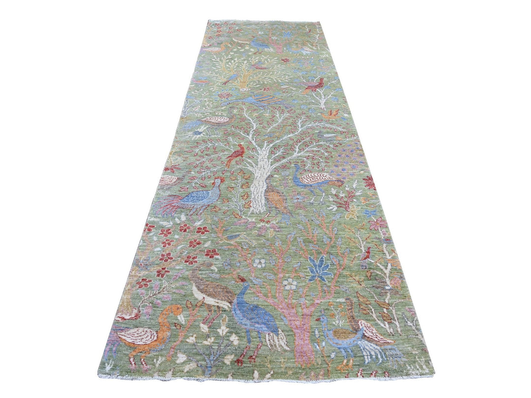 3'11" x 12'2" New Hand Knotted Green Wool Runner Oriental Rug - MOA10221308