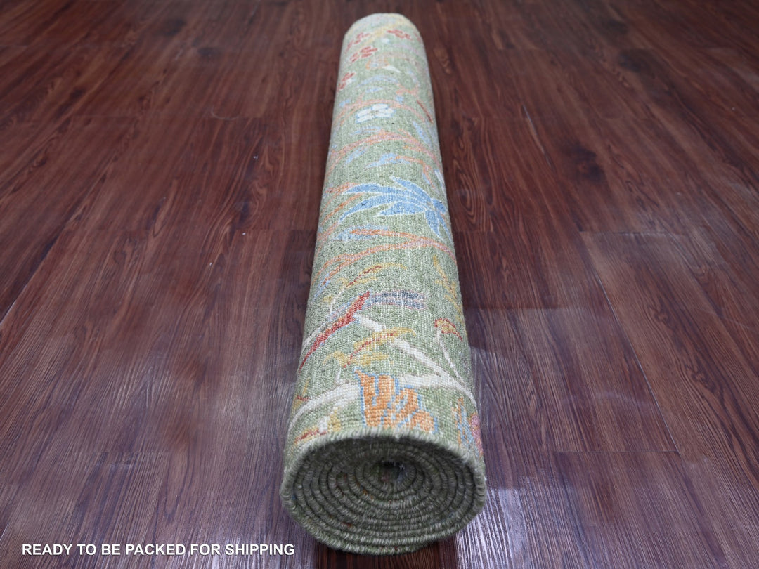 3'11" x 12'2" New Hand Knotted Green Wool Runner Oriental Rug - MOA10221308