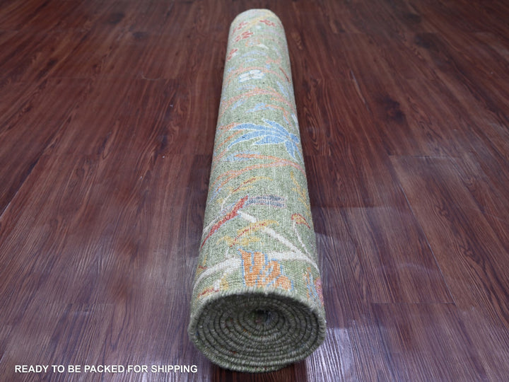 3'11" x 12'2" New Hand Knotted Green Wool Runner Oriental Rug - MOA10221308