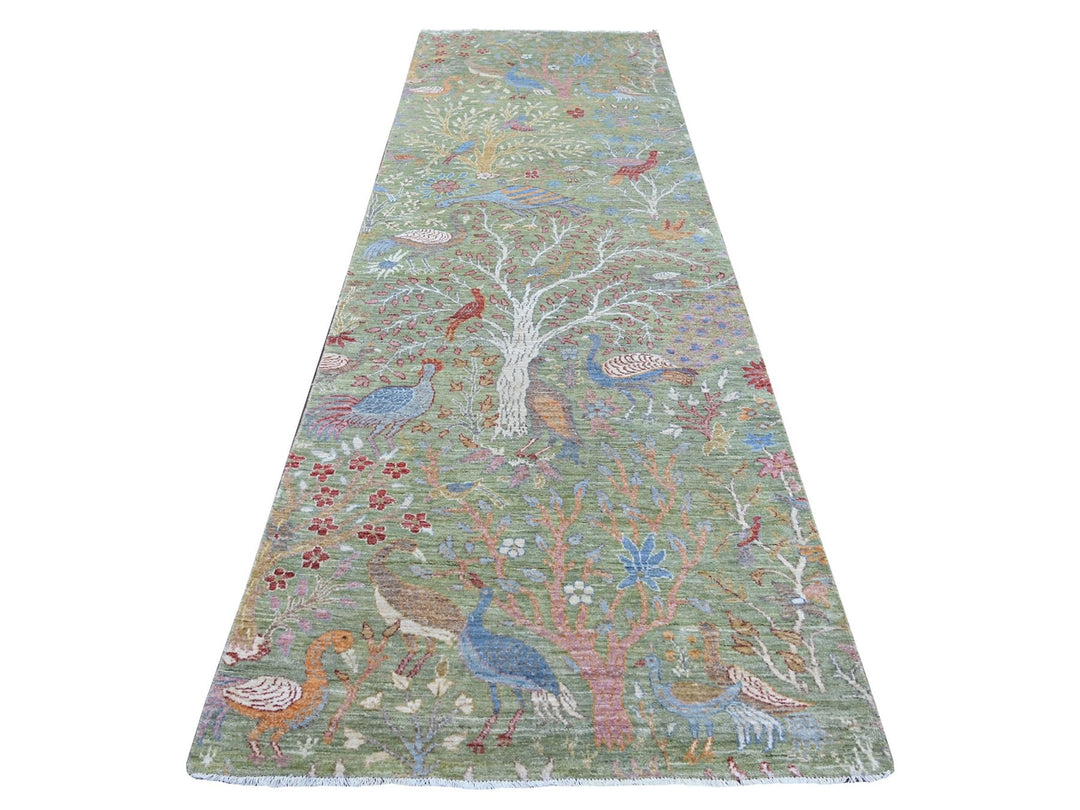 4'0" x 12'2" New Hand Knotted Green Wool Runner Oriental Rug - MOA10221310
