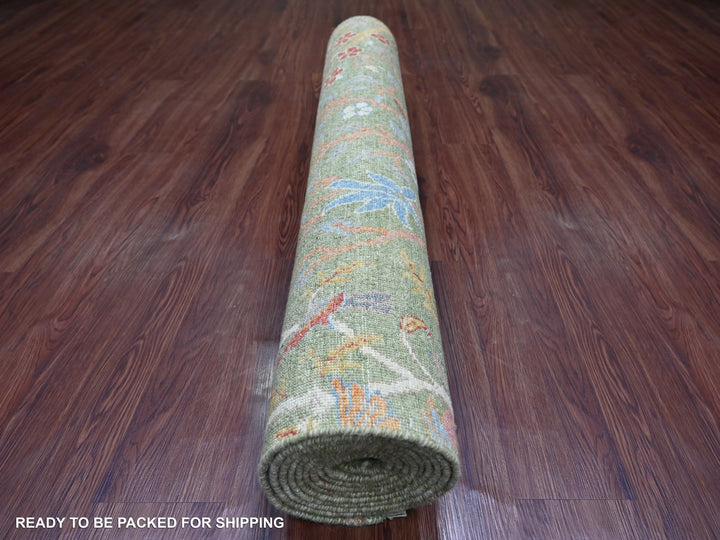 4'0" x 12'2" New Hand Knotted Green Wool Runner Oriental Rug - MOA10221310