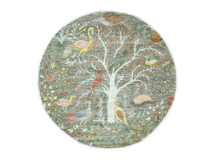 5'1" x 5'2" New Hand Knotted Green Wool Round Oriental Rug - MOA10221313