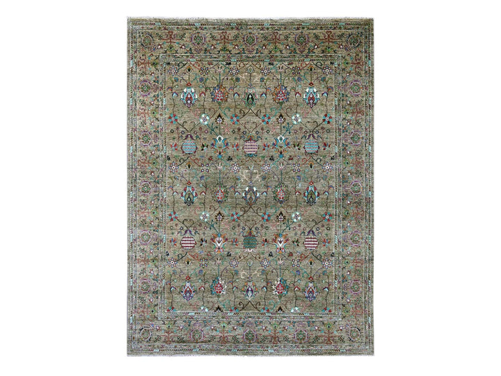 9'0" x 12'1" New Hand Knotted Green Wool Rectangle Oriental Rug - MOA10221315