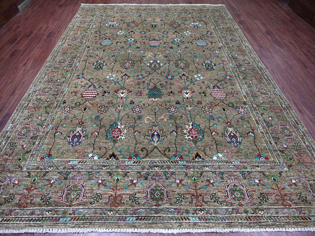 9'0" x 12'1" New Hand Knotted Green Wool Rectangle Oriental Rug - MOA10221315