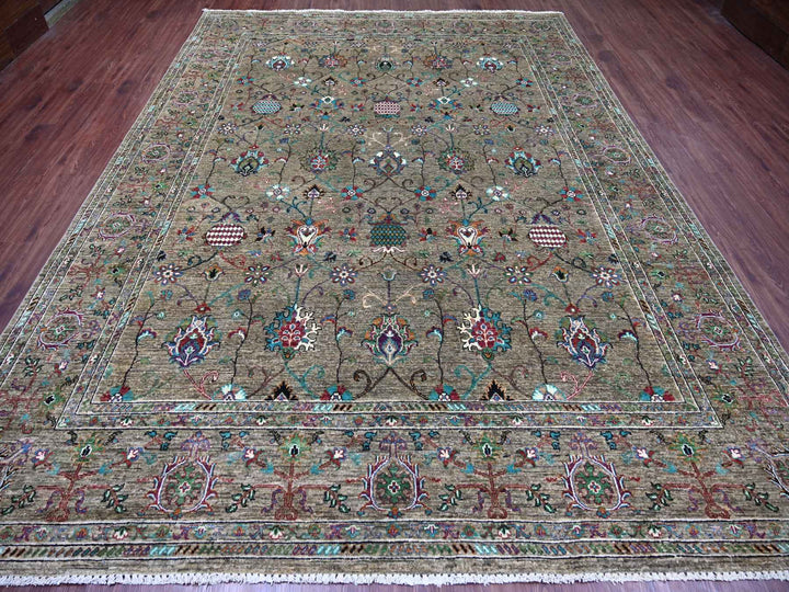 9'0" x 12'1" New Hand Knotted Green Wool Rectangle Oriental Rug - MOA10221315