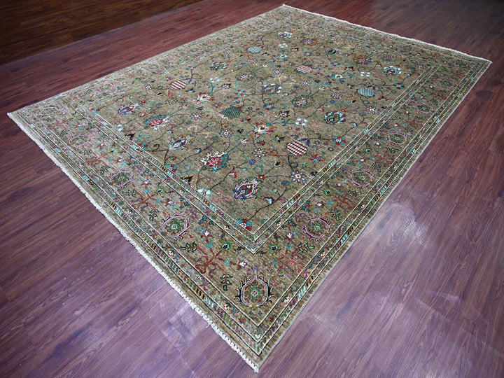 9'0" x 12'1" New Hand Knotted Green Wool Rectangle Oriental Rug - MOA10221315