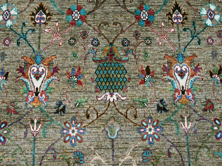 9'0" x 12'1" New Hand Knotted Green Wool Rectangle Oriental Rug - MOA10221315