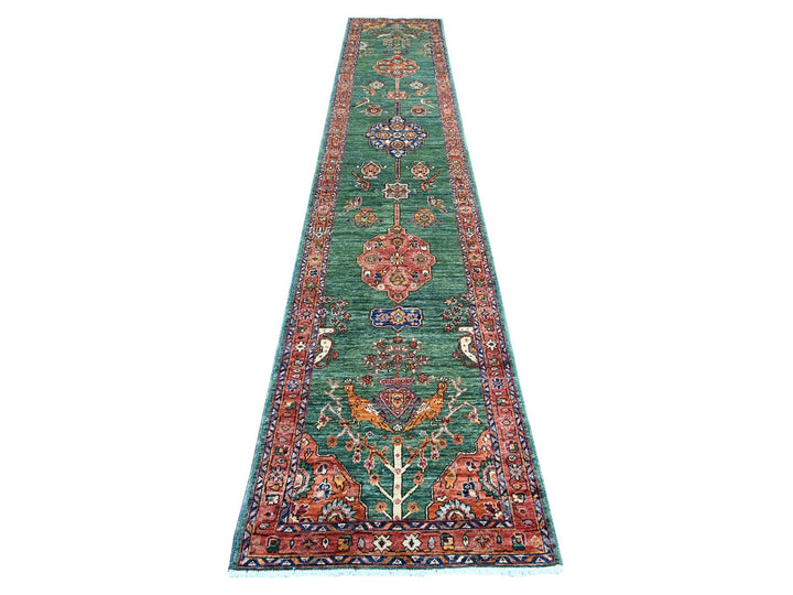 2'5" x 13'9" New Hand Knotted Green Wool Runner Oriental Rug - MOA10221323
