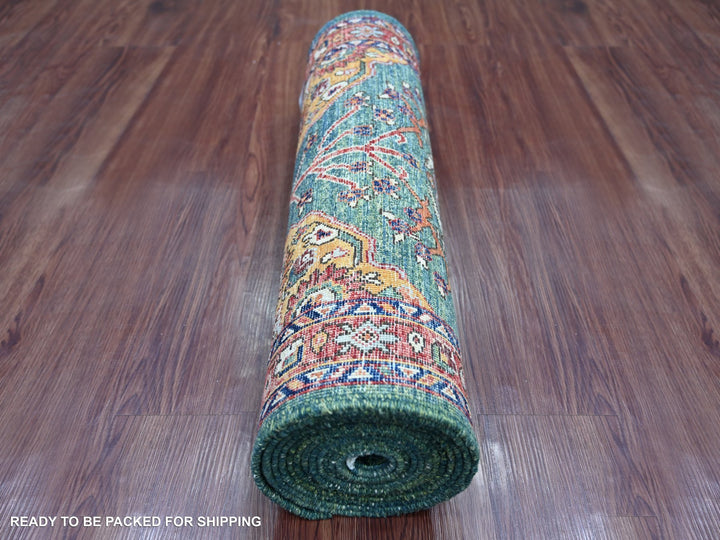 2'5" x 13'9" New Hand Knotted Green Wool Runner Oriental Rug - MOA10221323