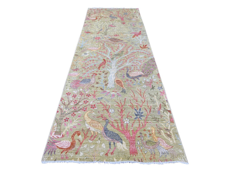 4'0" x 11'9" New Hand Knotted Green Wool Runner Oriental Rug - MOA10221337