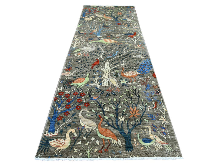 4'1" x 11'11" New Hand Knotted Grey Wool Runner Oriental Rug - MOA10221338