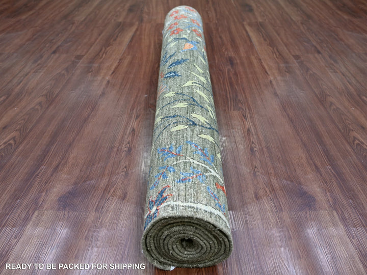 4'1" x 11'11" New Hand Knotted Grey Wool Runner Oriental Rug - MOA10221338