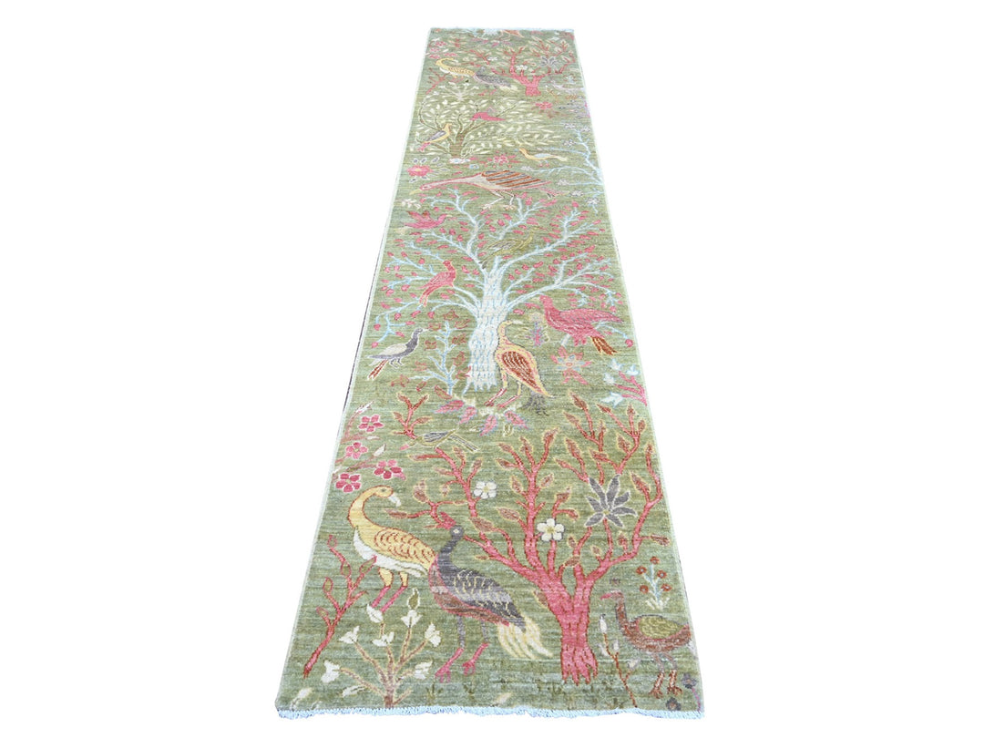 2'7" x 11'8" New Hand Knotted Green Wool Runner Oriental Rug - MOA10221369