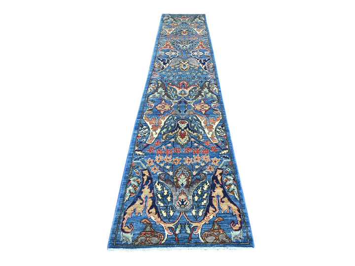 2'8" x 14'3" New Hand Knotted Blue Wool Runner Oriental Rug - MOA10221375