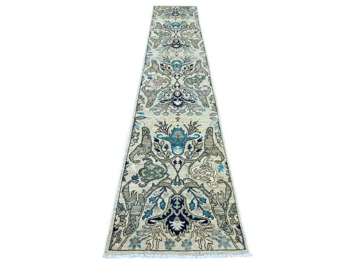 2'6" x 14'4" New Hand Knotted Green Wool Runner Oriental Rug - MOA10221379