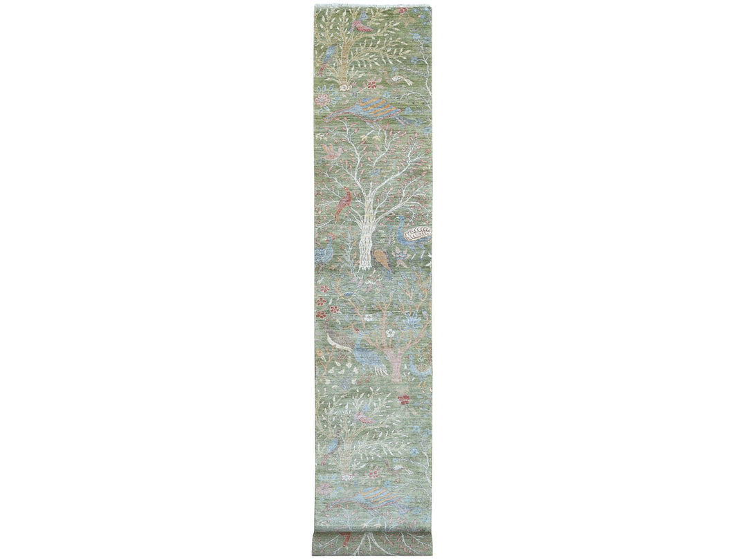 2'7" x 17'7" New Hand Knotted Green Wool Runner Oriental Rug - MOA10221380