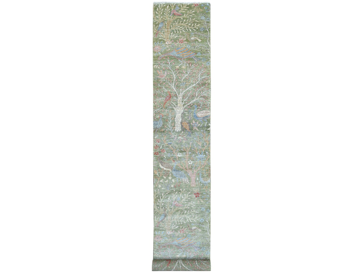 2'7" x 17'7" New Hand Knotted Green Wool Runner Oriental Rug - MOA10221380
