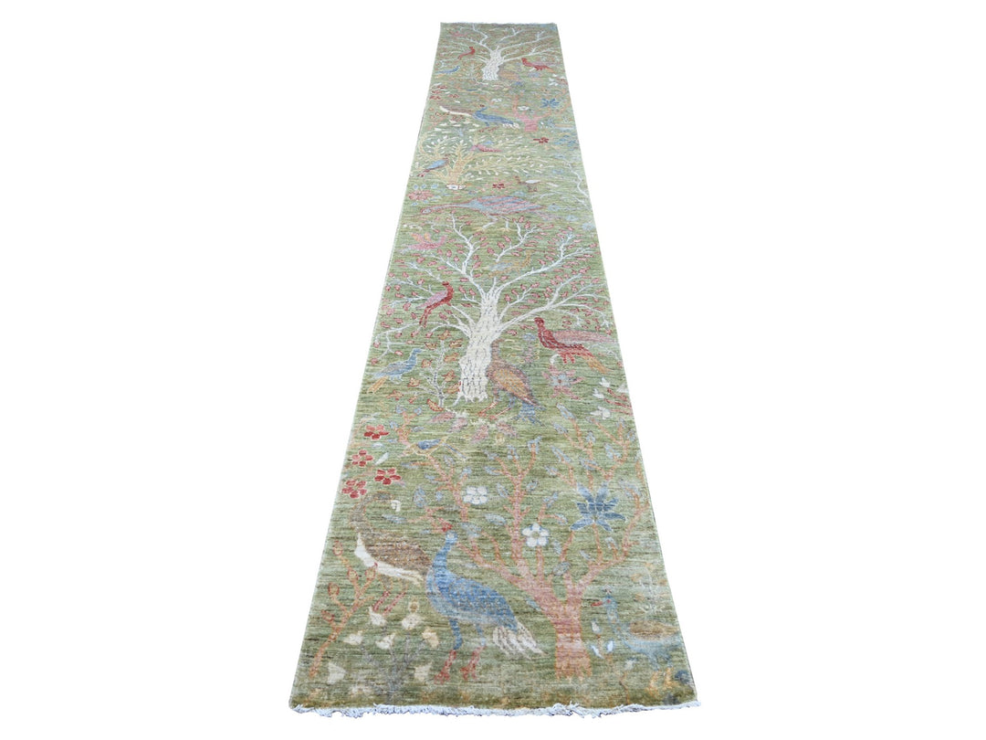 2'6" x 15'1" New Hand Knotted Green Wool Runner Oriental Rug - MOA10221382