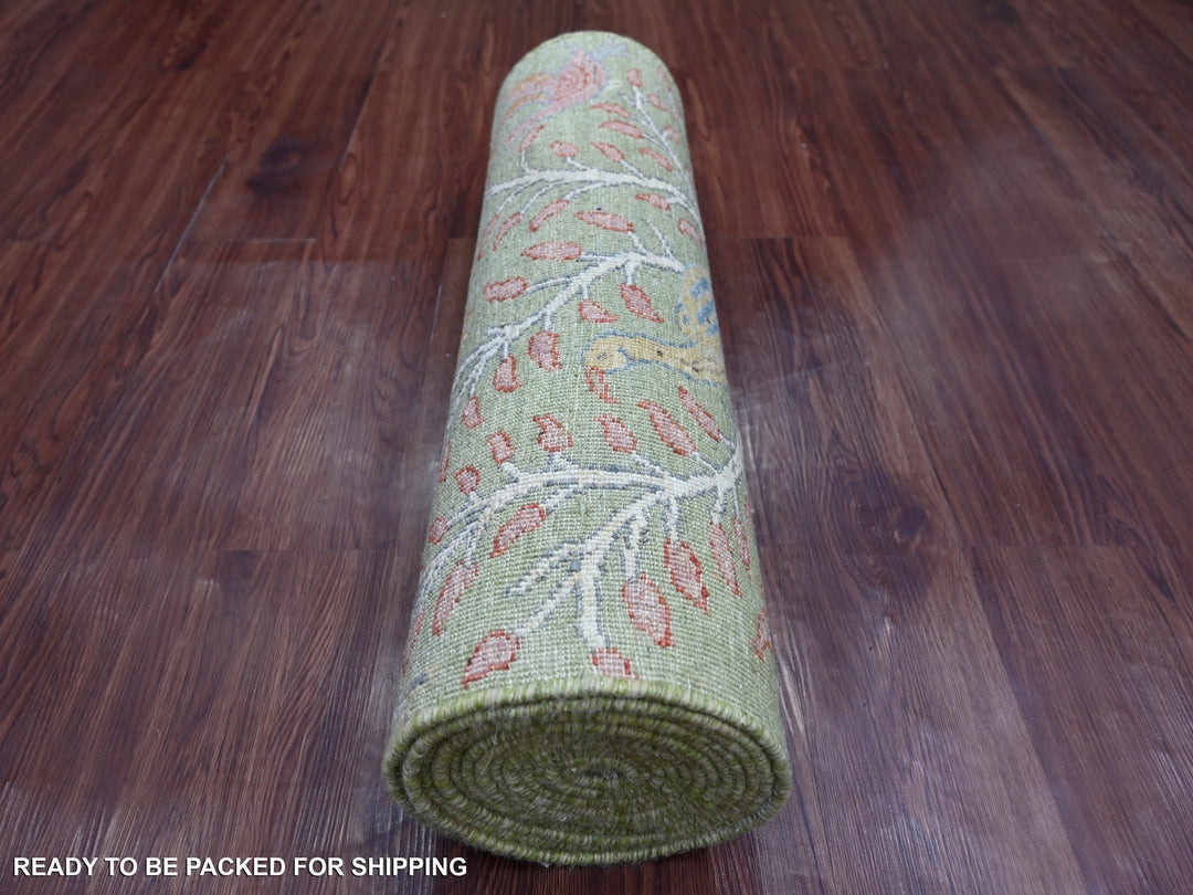 2'6" x 15'1" New Hand Knotted Green Wool Runner Oriental Rug - MOA10221382