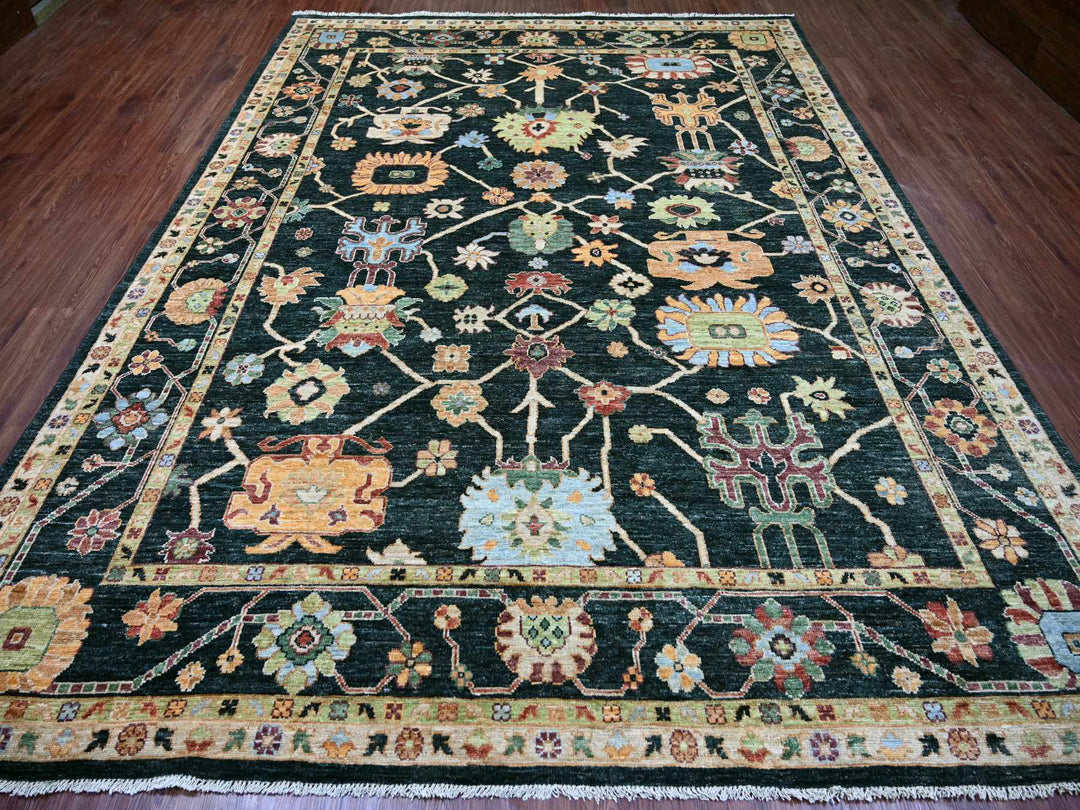 8'11" x 11'9" New Hand Knotted Green Wool Rectangle Oriental Rug - MOA10221398