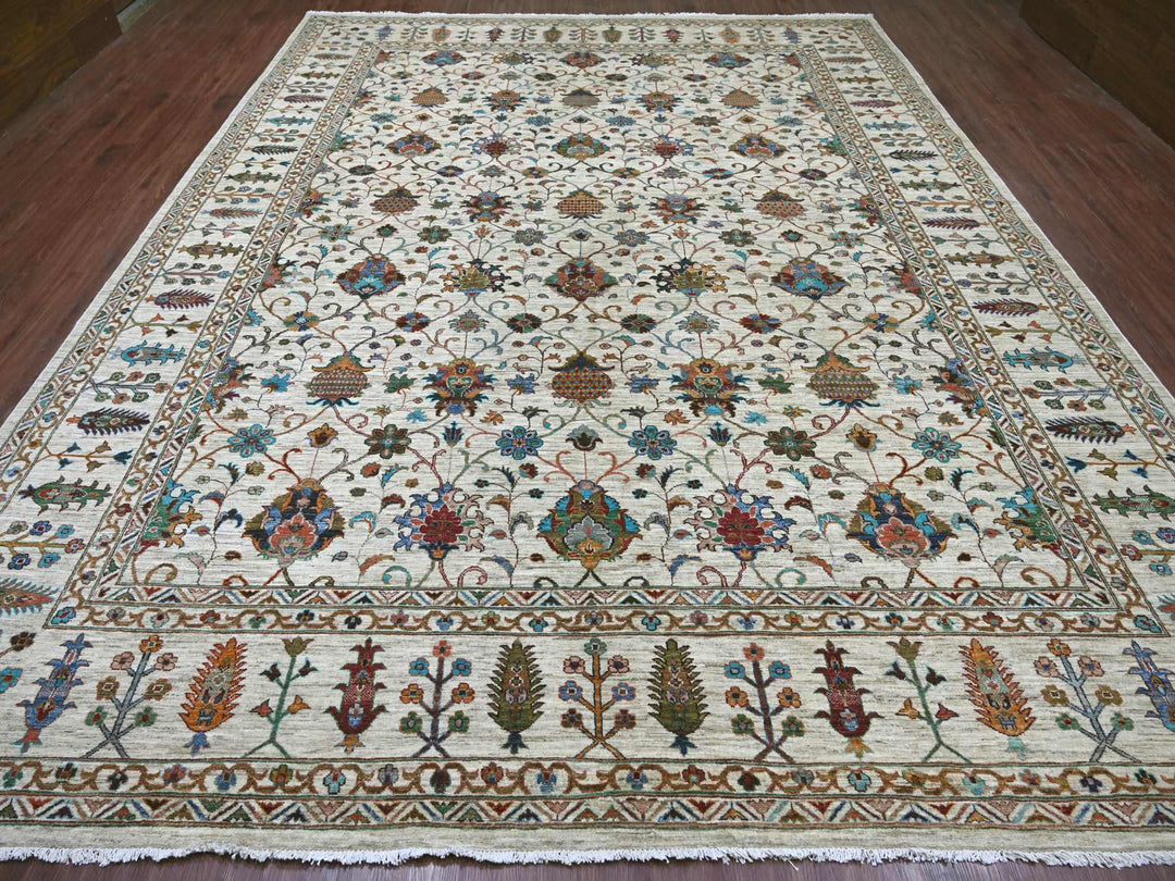10'7" x 13'7" New Hand Knotted Ivory Wool Rectangle Oriental Rug - MOA10221402