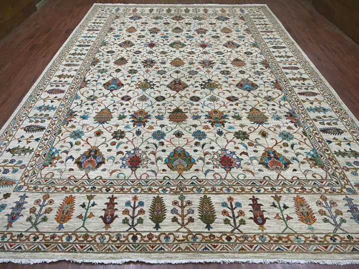 10'7" x 13'7" New Hand Knotted Ivory Wool Rectangle Oriental Rug - MOA10221402