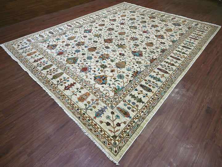 10'7" x 13'7" New Hand Knotted Ivory Wool Rectangle Oriental Rug - MOA10221402